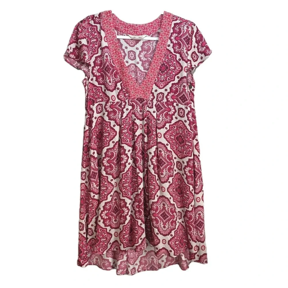 Odd Molly Anthropologie Midi Shift Dress‎ Red Paisley High Low Vneck Flowy